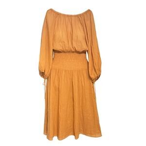 New Skin Worldwide Barrie Smocked Shirred Cotton Midi Dress‎ in Fox Sz 3 / L